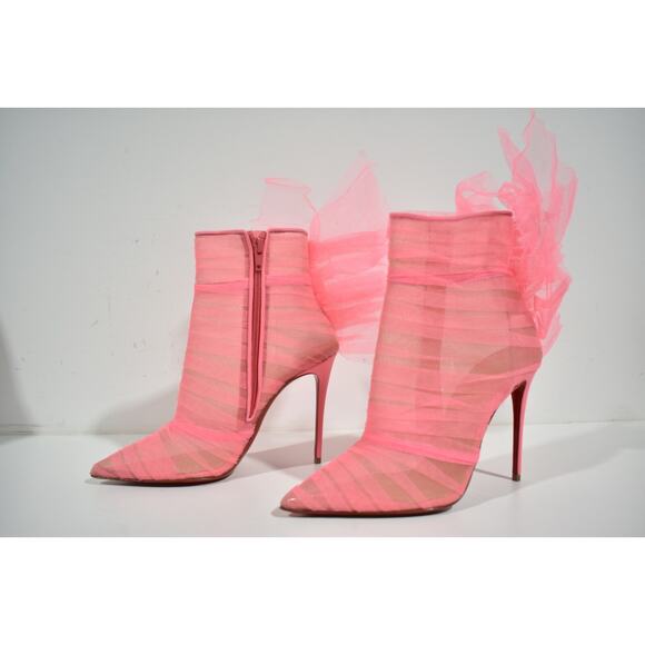 Christian Louboutin Libellibooty 100 Pink Mesh Tulle Ankle Boot Heel Pump 39.5 - Picture 9 of 12